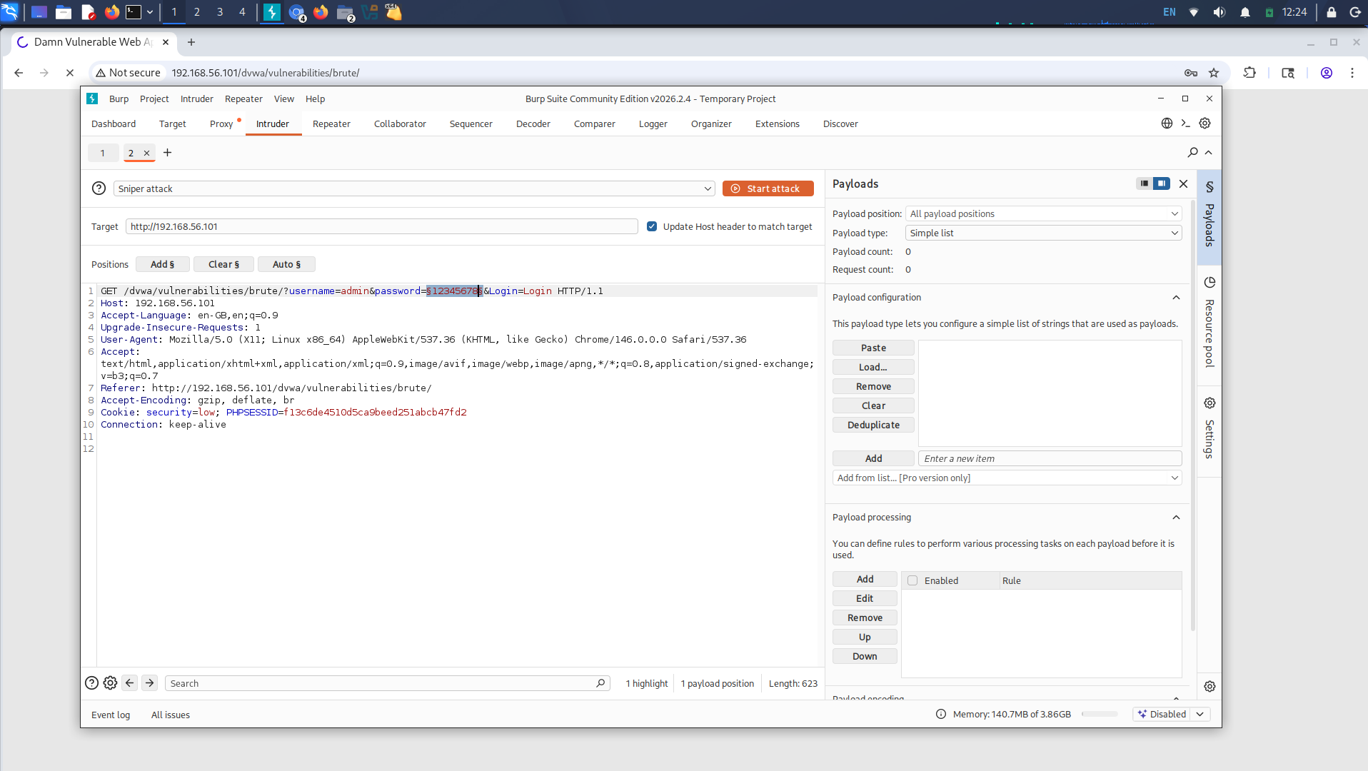 Burp Intruder – password parameter marked as payload position