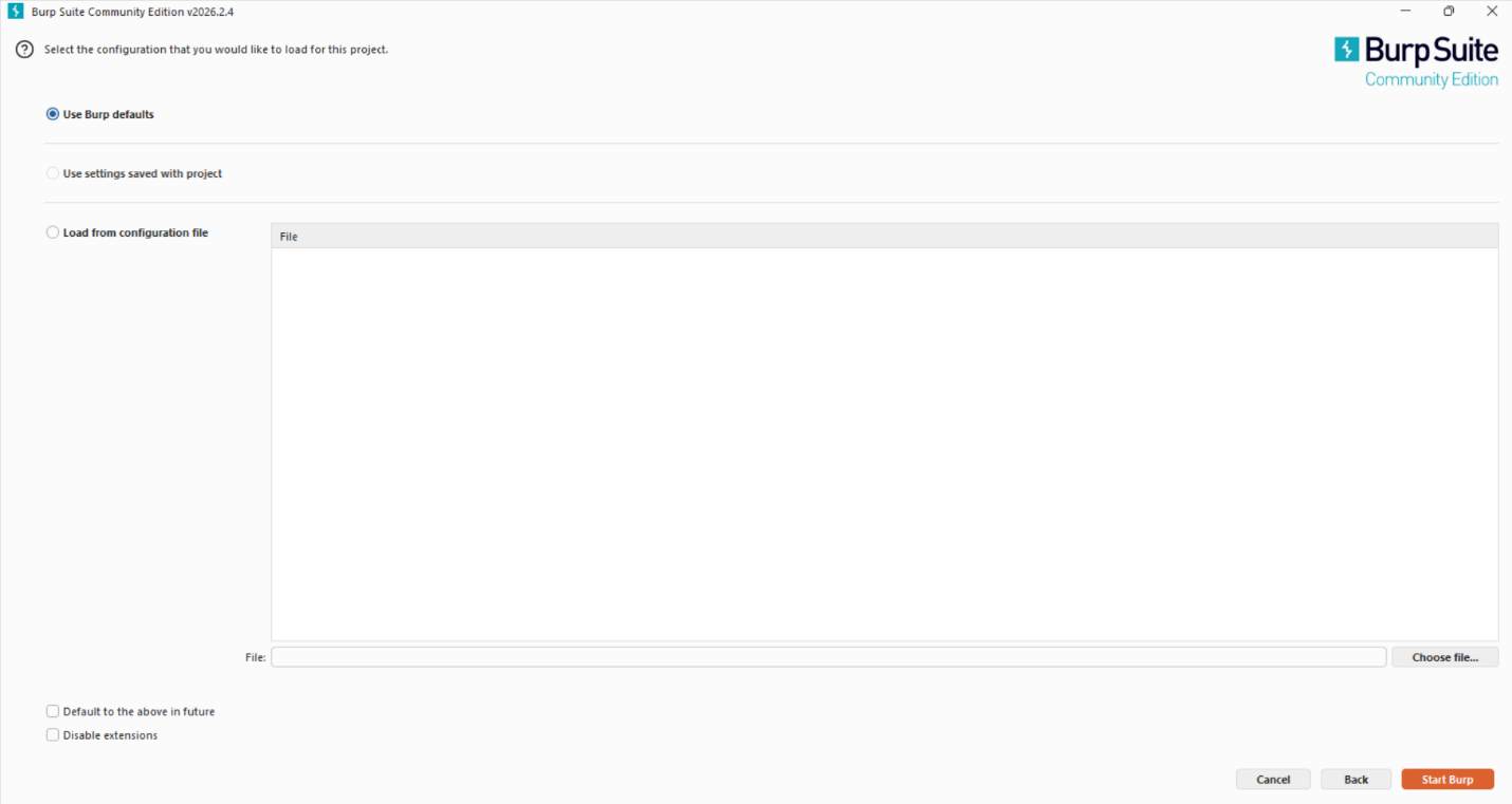 Launch screen – Use Burp Defaults selected