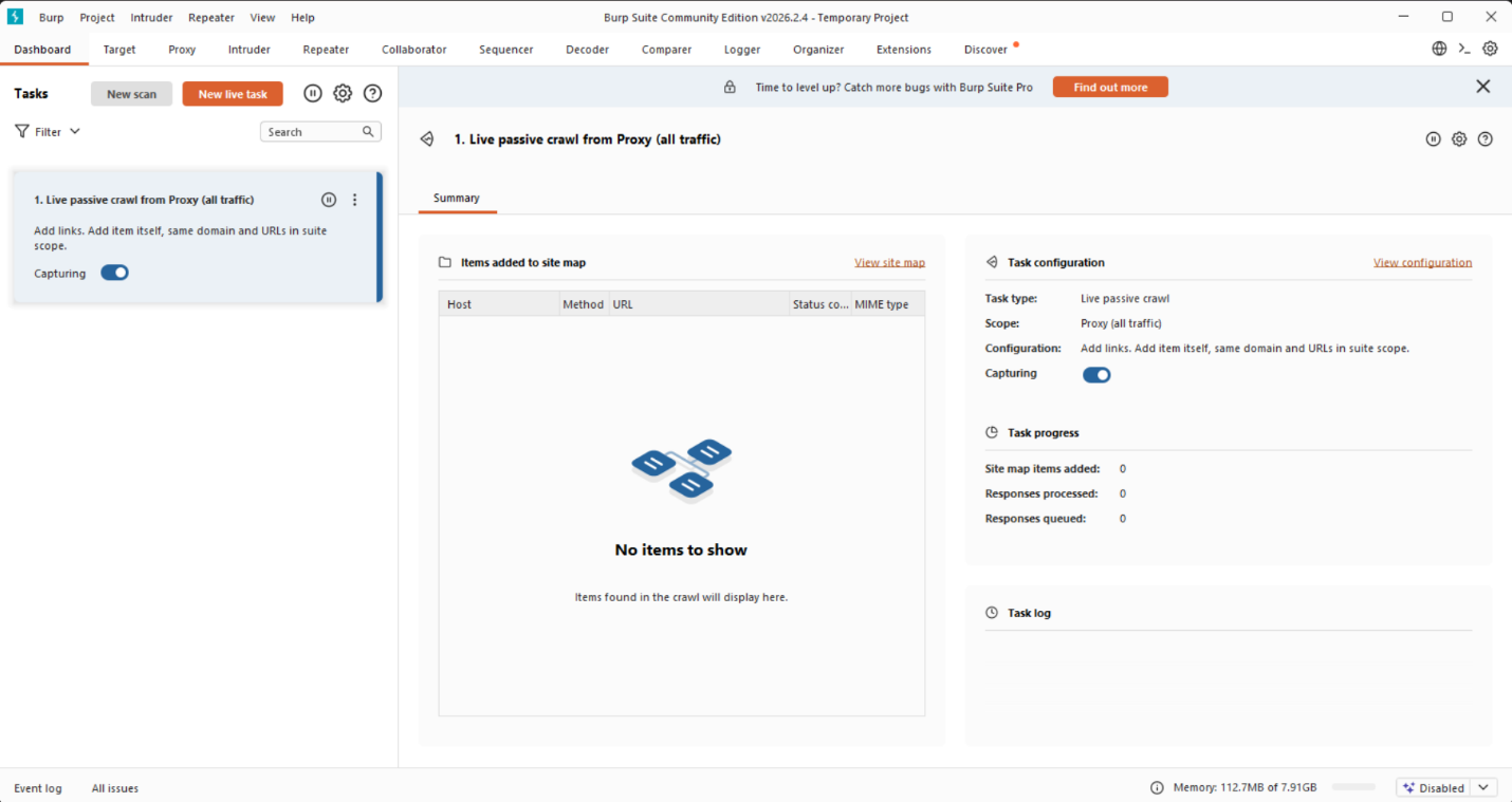 Burp Suite Dashboard – Live passive crawl task running