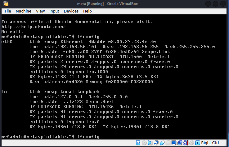 Metasploitable 2 – ifconfig showing IP 192.168.56.101