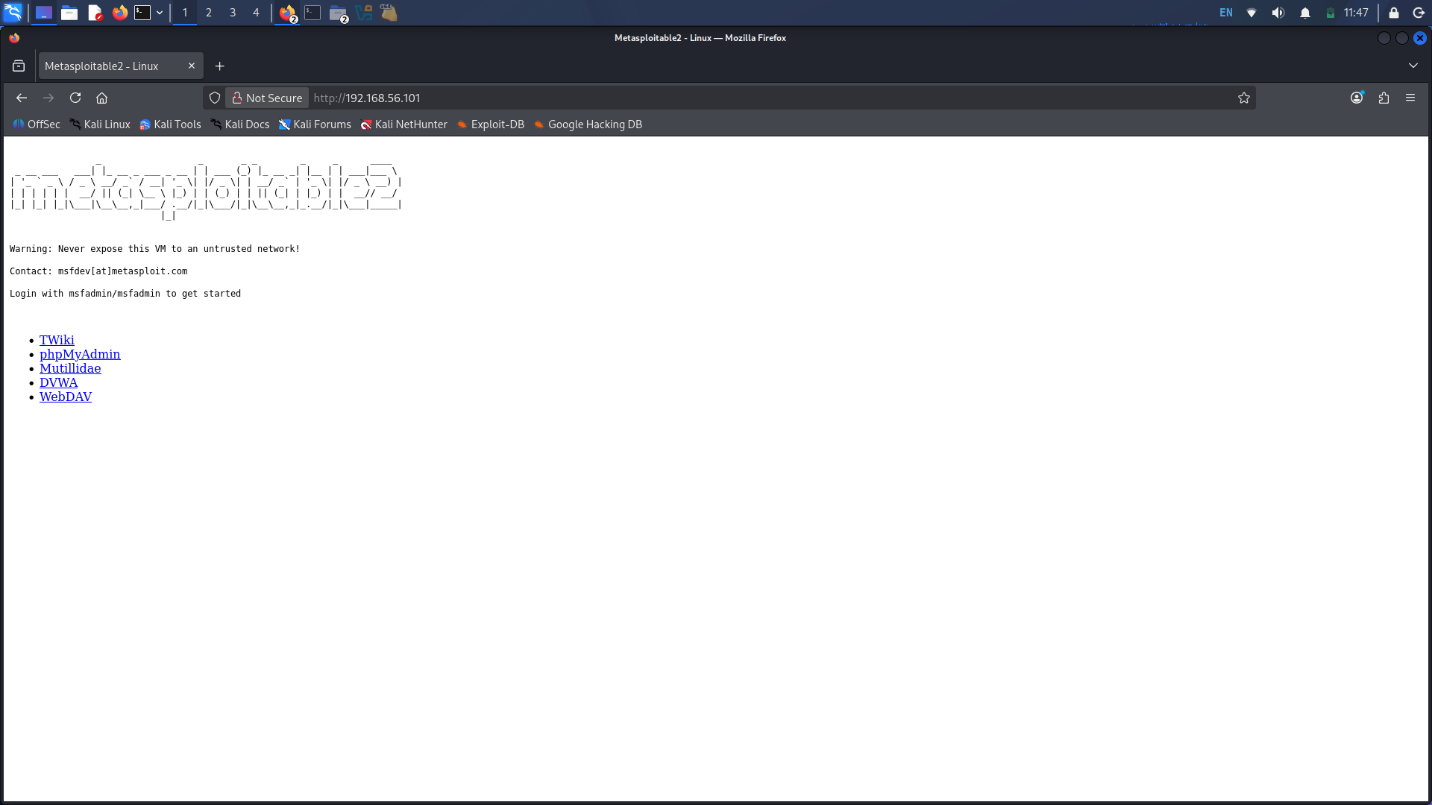 Metasploitable 2 web interface listing available services including DVWA