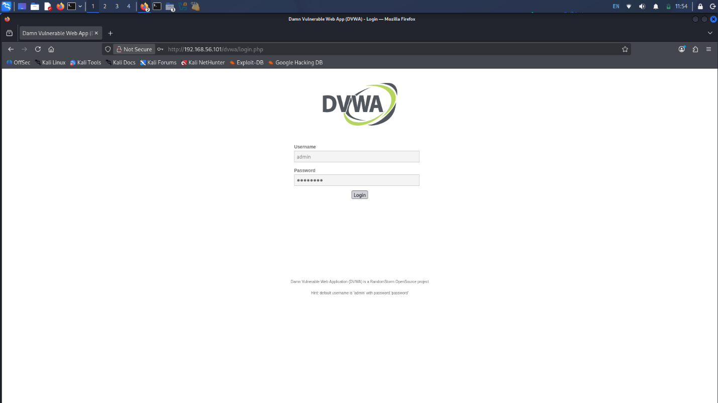DVWA login page at http://192.168.56.101/dvwa/login.php