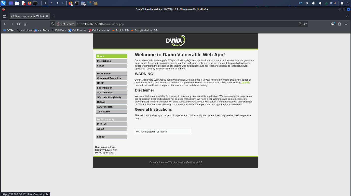 DVWA home – logged in as admin, security level visible in sidebar