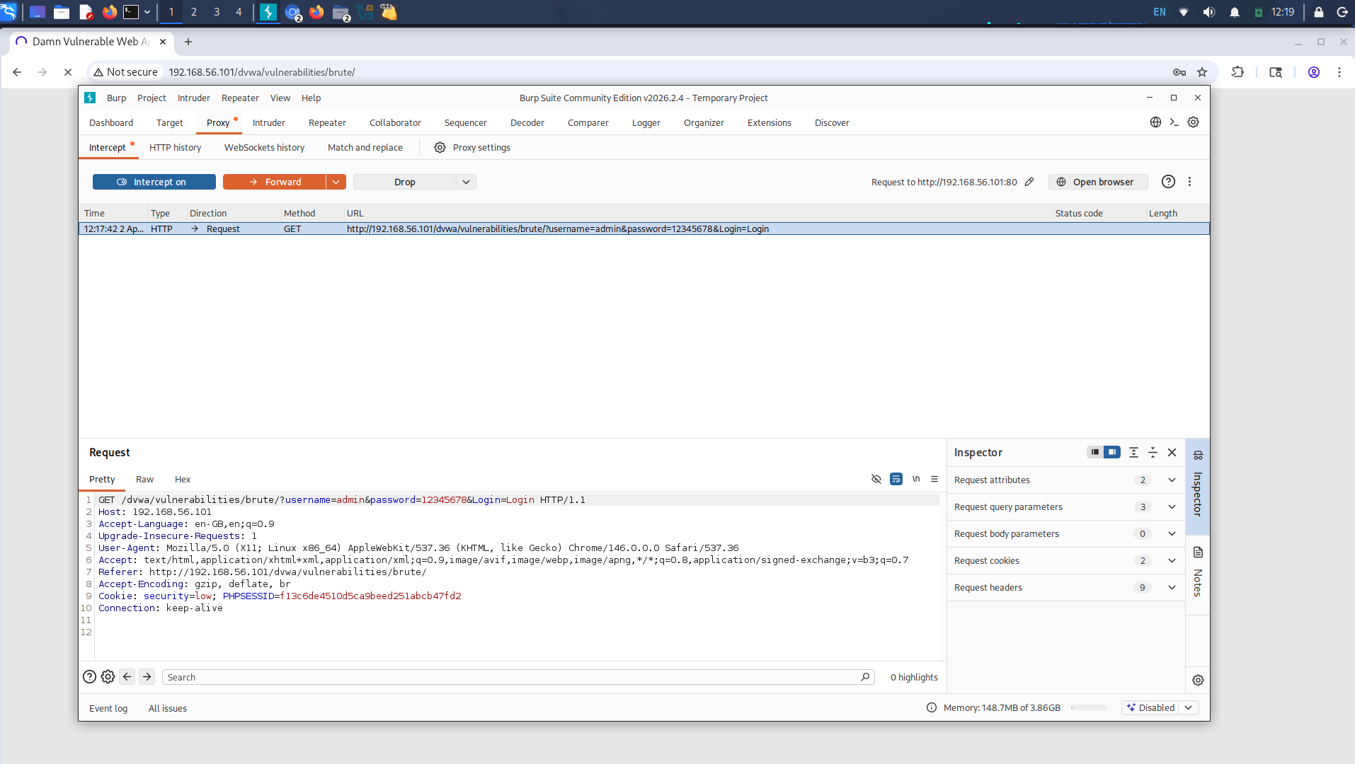 Burp Proxy Intercept – GET request to DVWA brute force endpoint captured