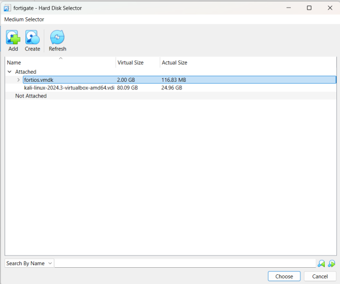 Hard Disk Selector showing fortios.vmdk