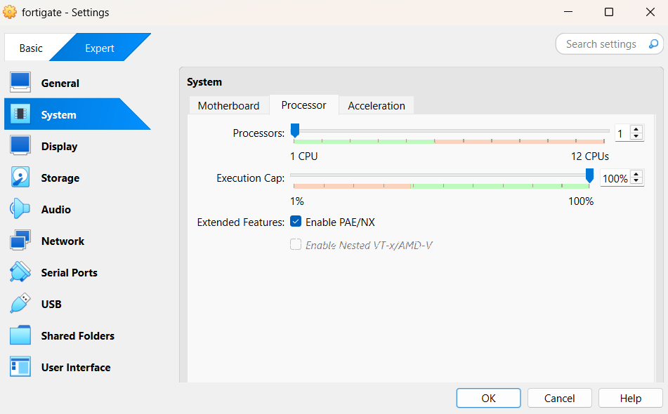 System > Processor – 1 CPU, PAE/NX enabled