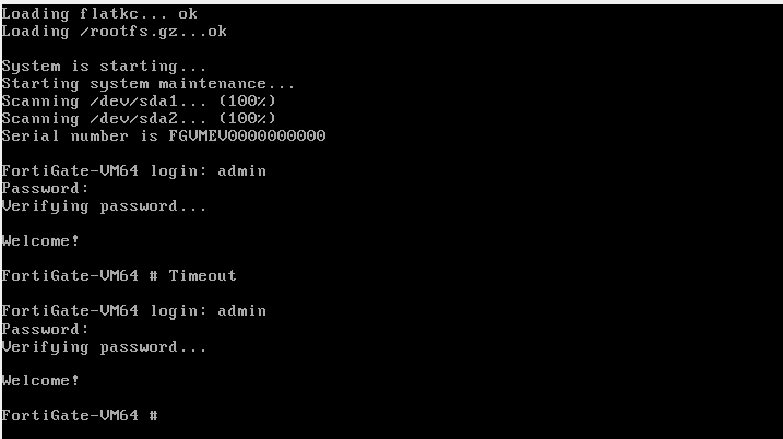 FortiGate-VM64 boot sequence and admin login