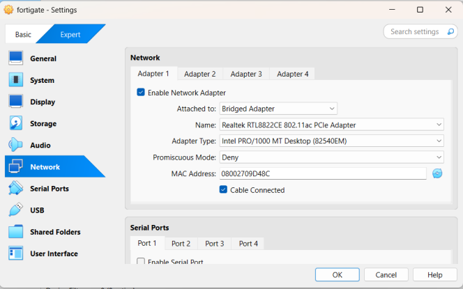 Network – Adapter 1 set to Bridged Adapter, Intel PRO/1000 MT Desktop