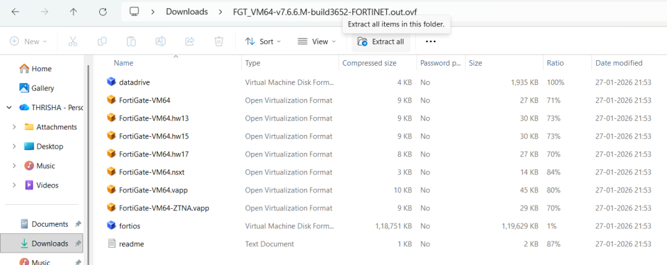 Extracted ZIP contents with fortios.vmdk