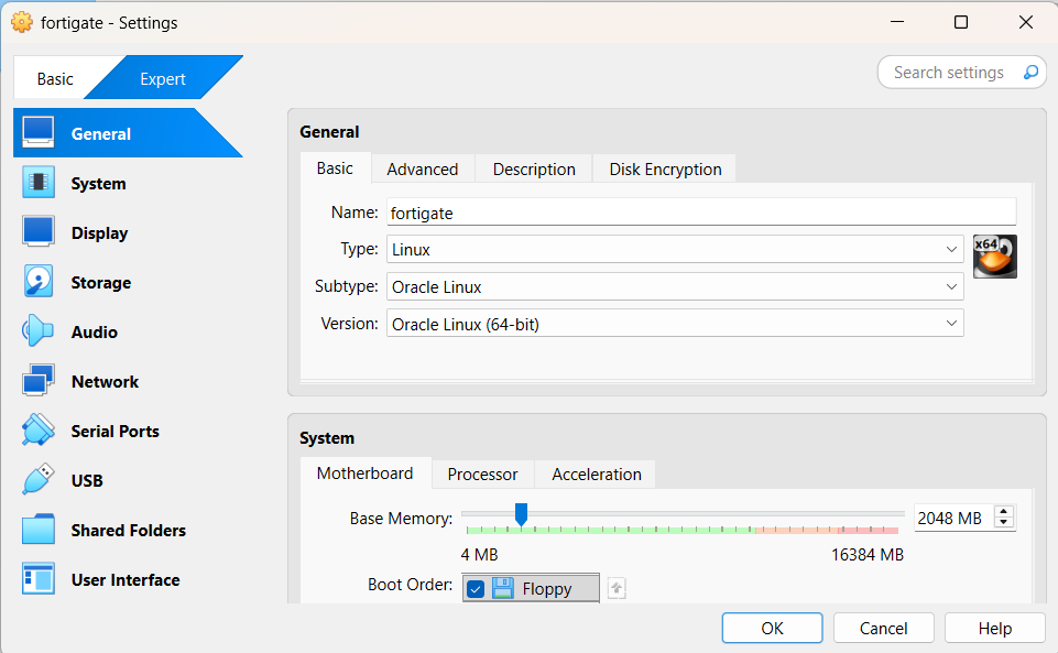 VirtualBox VM General settings – name, OS, and RAM